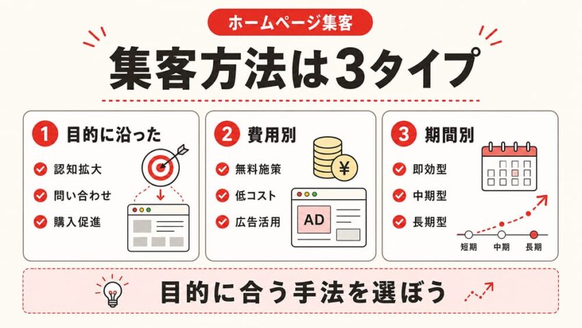 ホームページの集客方法は3タイプ