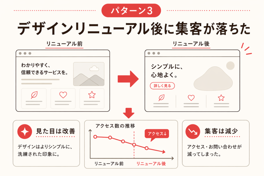 パターン3：デザインリニューアル後に集客が落ちた