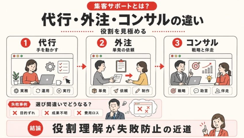 集客サポートとは？代行・外注・コンサルティングの違い
