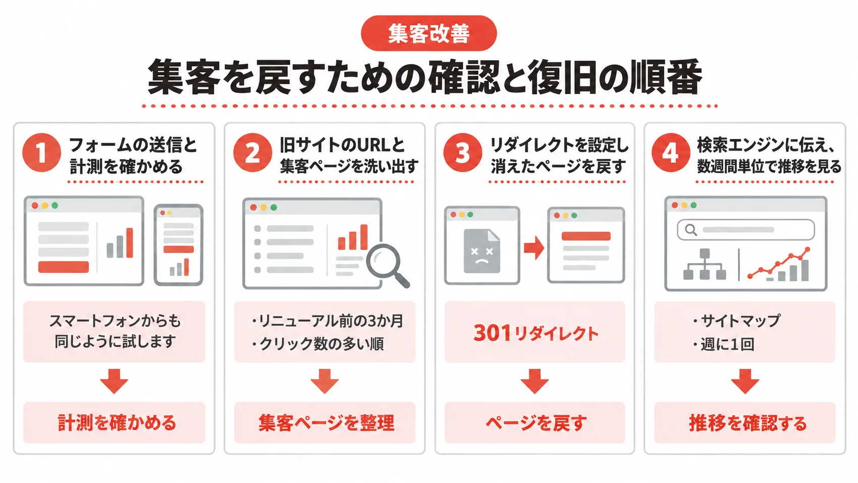 集客を戻すための確認と復旧の順番を示した図解で、フォームの送信確認、旧サイトのURL整理、リダイレクト設定の手順が含まれる。