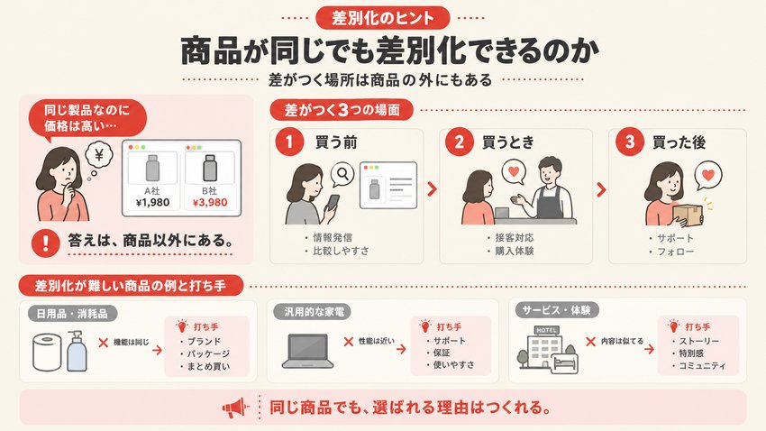 商品が同じでも差別化できるのかを示した図解で、買う前、買うとき、買った後の3つの場面を説明している。