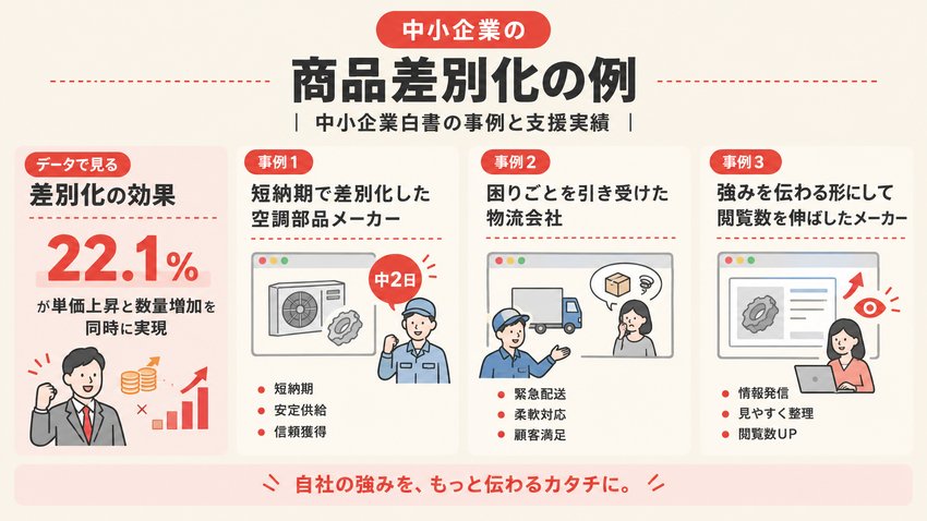 中小企業の商品差別化の例を、差別化の効果や事例として空調部品メーカー、物流会社、情報発信の事例とともに示した図解。