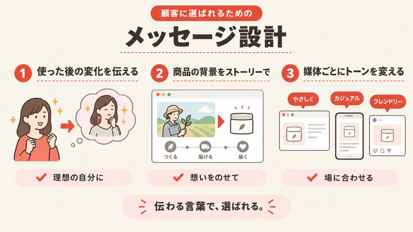 顧客に選ばれるためのメッセージ設計を、使った後の変化、商品の背景をストーリーで、媒体ごとにトーンを変えるとともに示した図解。