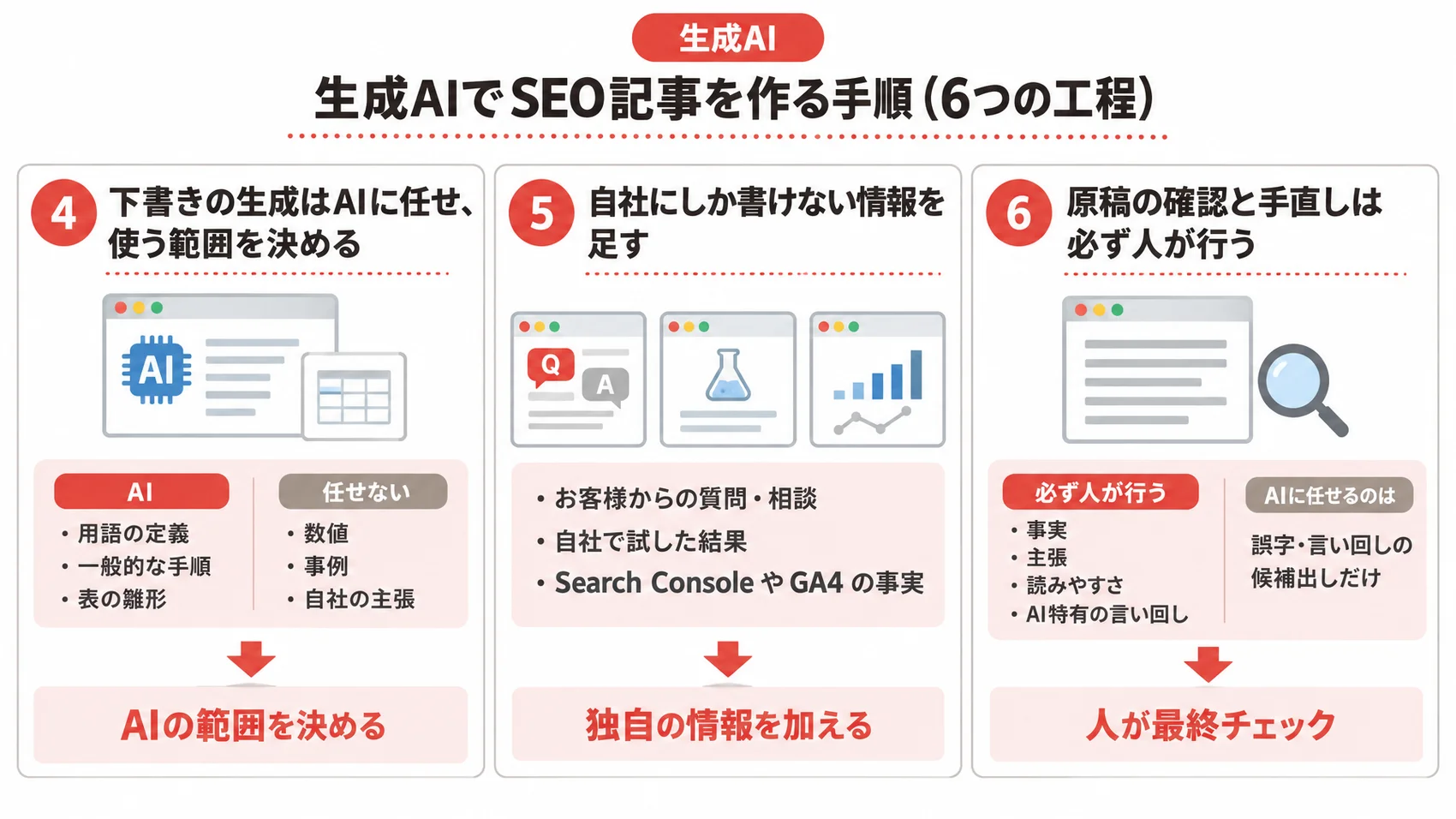 生成AIでSEO記事を作る手順を示し、AIの範囲を決める、独自の情報を加える、最終チェックを人が行うことを説明した図解。